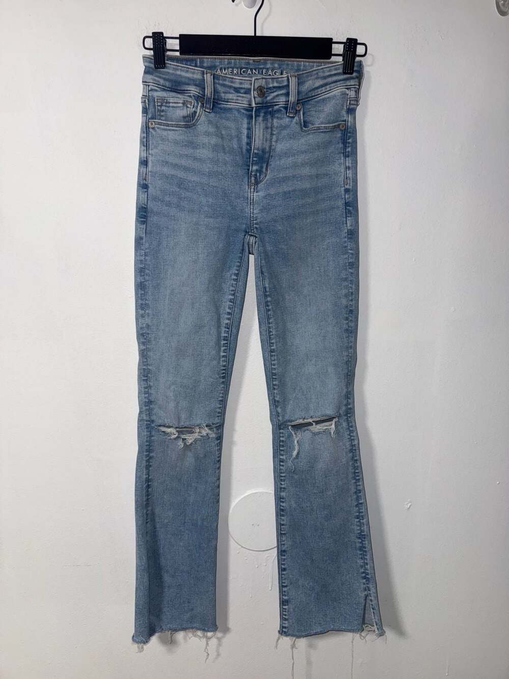American Eagle High-Rise Skinny Kick Size 00 Regular Blue Distressed Jeans